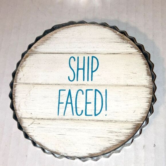 MUD PIE Drink Coaster Beach Coastal Nautical Theme Shiplap Metal Rim Gift Set - Picture 8 of 12